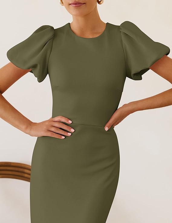 Beige Puff Sleeve Bodycon Midi Dress