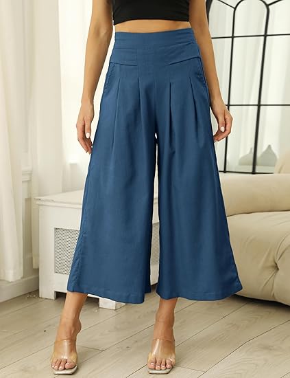 Linen Cropped Wide Leg Pants –  High-Waist Elastic Relaxed Fit Trousers