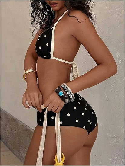 Polka Dot Halter Triangle Bikini Set | Retro Buttermilk Yellow &amp;amp; Brown High Waist Two-Piece Swimsuit