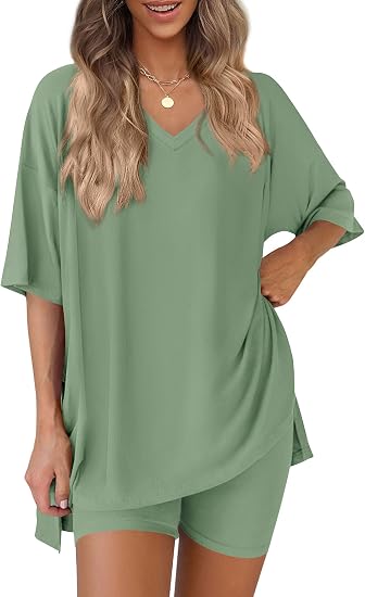 Oversized V-Neck Tee &amp;amp; Biker Shorts Two-Piece Set