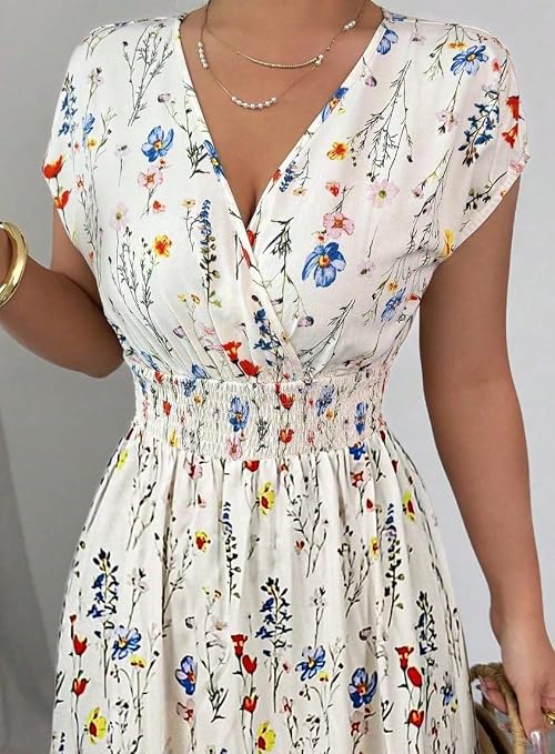 Floral Print Smocked Waist Maxi Dress