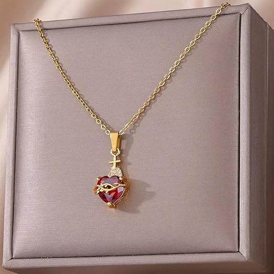 Sacred Heart Cross Red CZ Necklace &amp;amp; Earrings Set | Gold Gothic Jewelry
