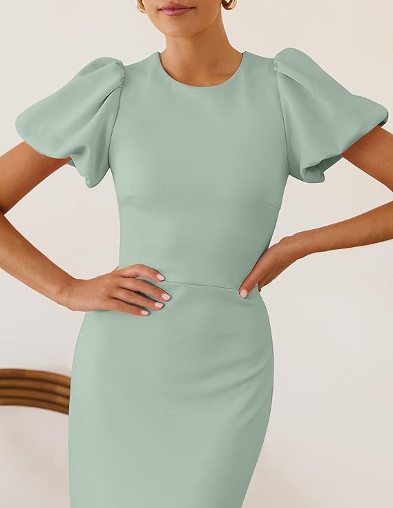 Beige Puff Sleeve Bodycon Midi Dress