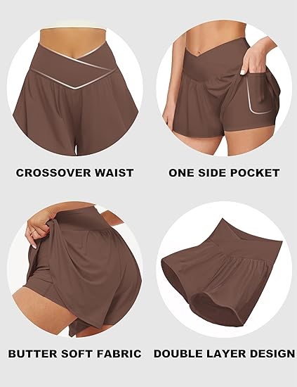 Crossover Athletic Shorts for Women 2 in 1 Flowy Running Shorts