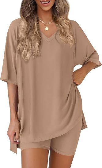 Oversized V-Neck Tee &amp;amp; Biker Shorts Two-Piece Set