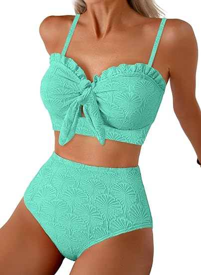 Textured Floral High-Waisted Bikini Set with Bow Front