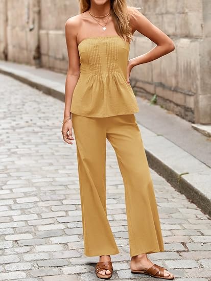 Strapless Pleated Tube Top &amp;amp; Wide Leg Pants Two-Piece Set, Elegant Co-Ord Outfit for Women