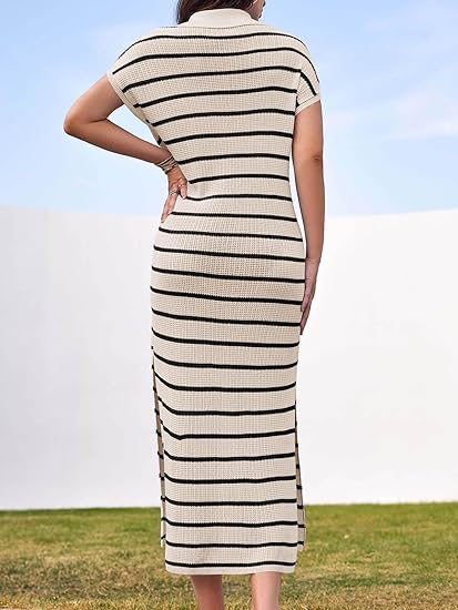 Black &amp;amp; White Striped Knit Polo Midi Dress