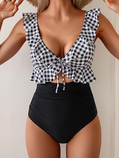 Black Ruffle Tie-Front Tummy Control One-Piece Swimsuit