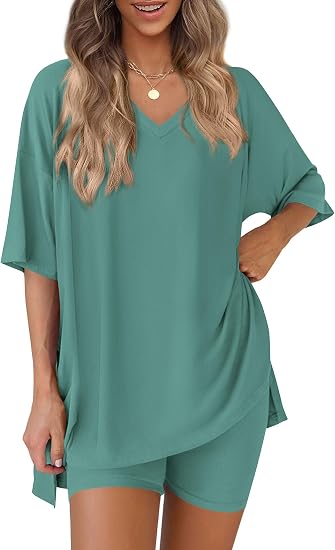 Oversized V-Neck Tee &amp;amp; Biker Shorts Two-Piece Set