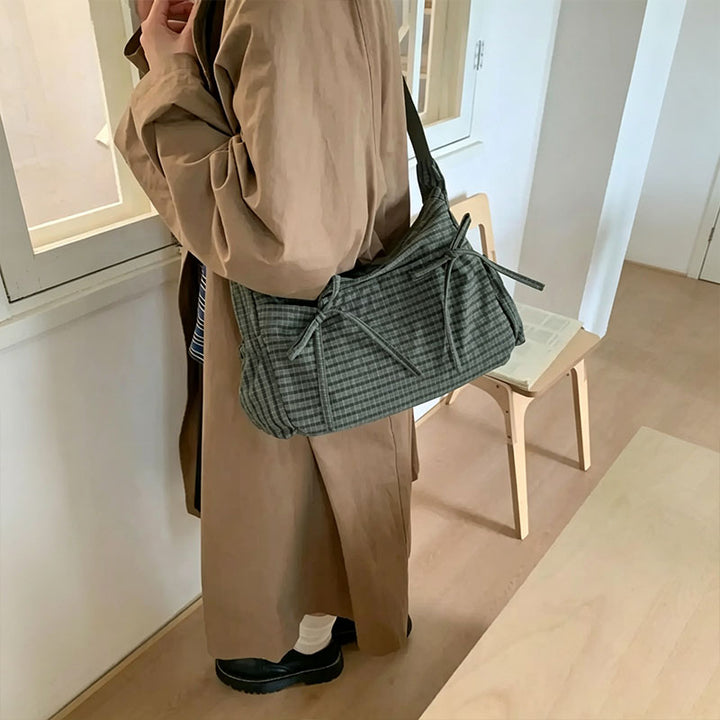 Plaid Drawstring Ruched Cloud Bag