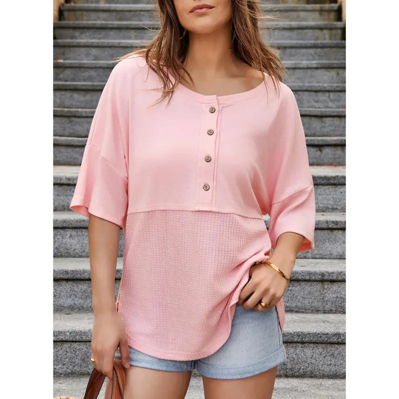 Olive Waffle Knit Henley Short Sleeve Top