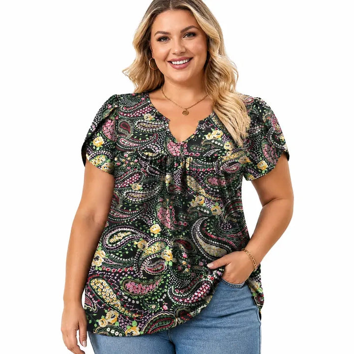 Paisley Print Lace Trim Short Sleeve Blouse