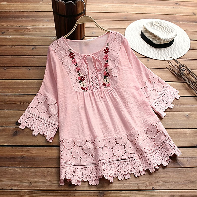 Lace-trimmed linen V-neck top