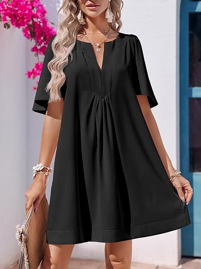 Loose-Fit Tunic Dress, V-Neck with Pleats &amp;amp; Flowy Half Sleeves