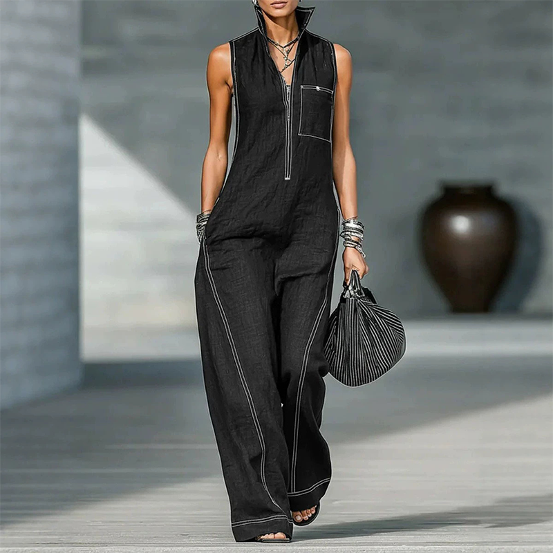 Sleeveless cotton-linen jumpsuit