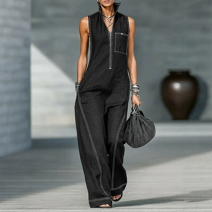 Sleeveless cotton-linen jumpsuit