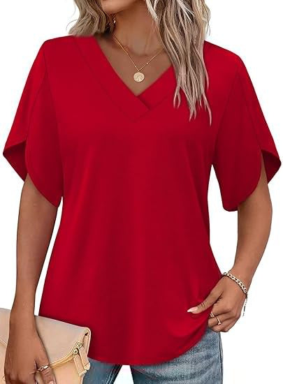 V-Neck Dolman Sleeve Casual T-Shirt, Loose Fit Solid Color Blouse