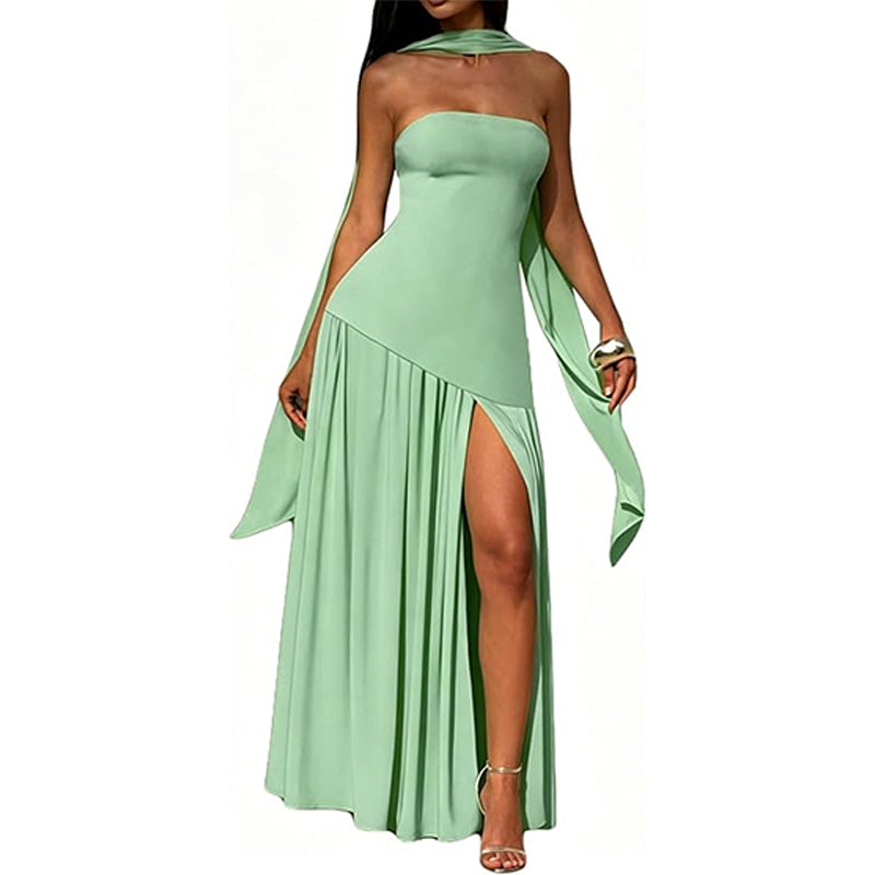 Stylish strapless solid color backless slit dress
