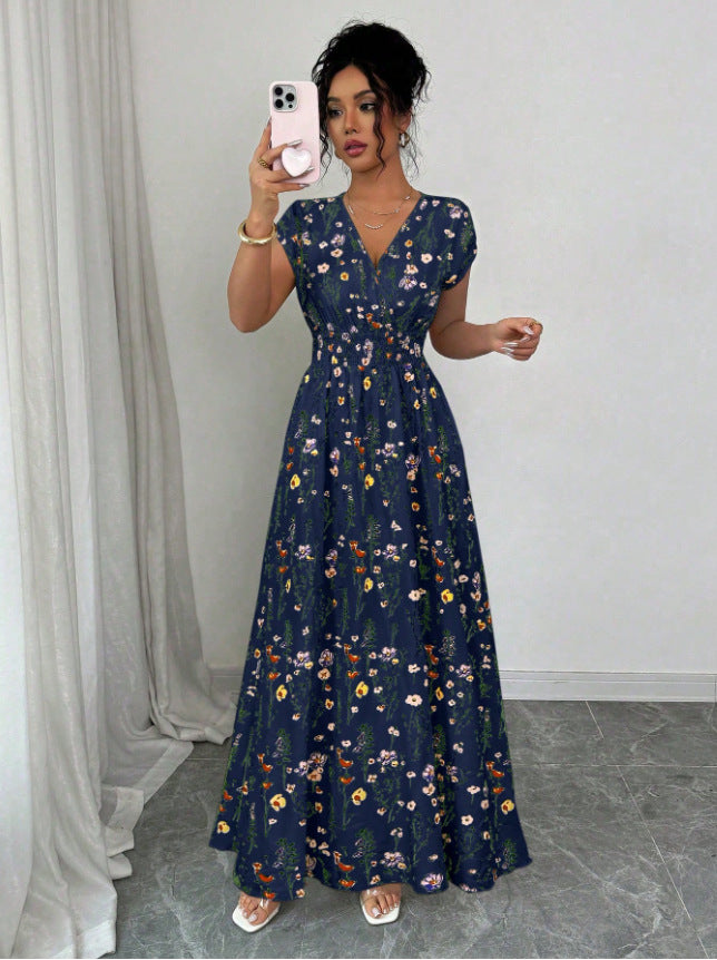 Floral Print Smocked Waist Maxi Dress