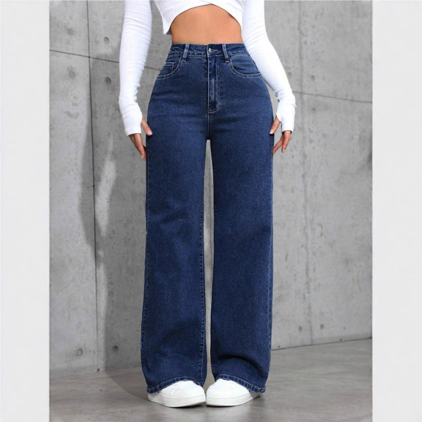 High-Waisted Wide Leg Blue Jeans, Casual Full-Length Denim Pants