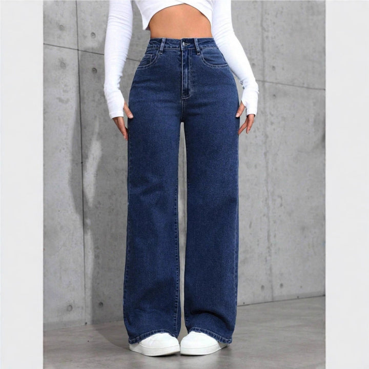 High-Waisted Wide Leg Blue Jeans, Casual Full-Length Denim Pants