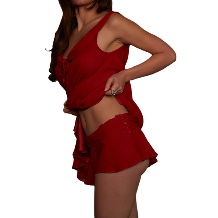 U-neck sleeveless A-line top + shorts 2-piece set