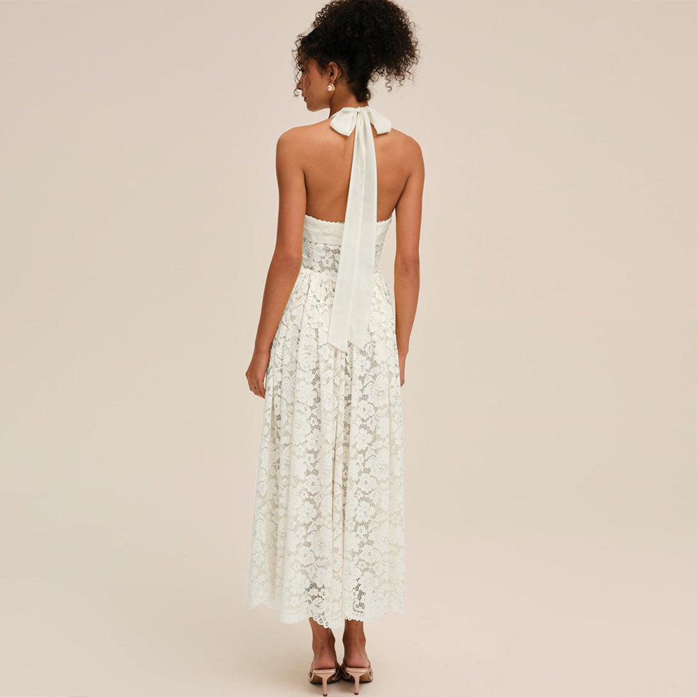 White Lace Halter Neck Midi Dress