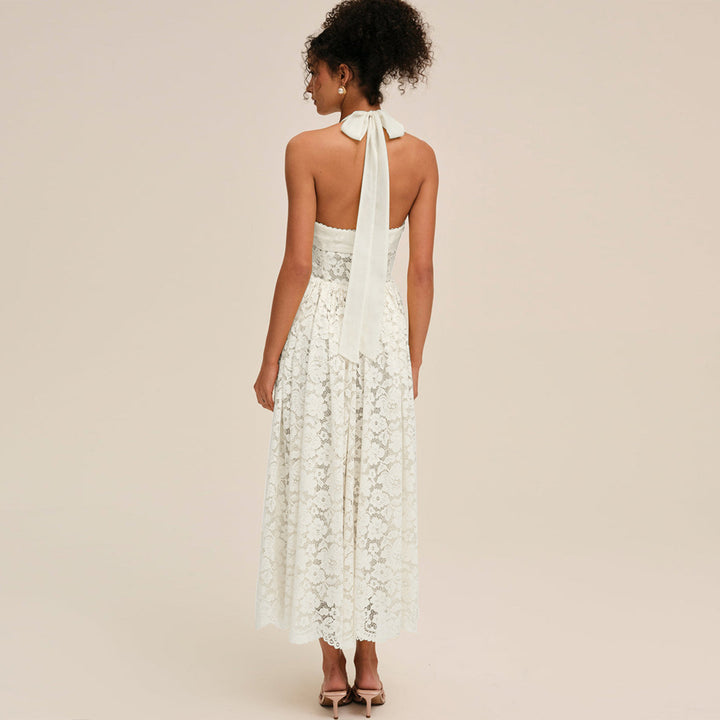 White Lace Halter Neck Midi Dress
