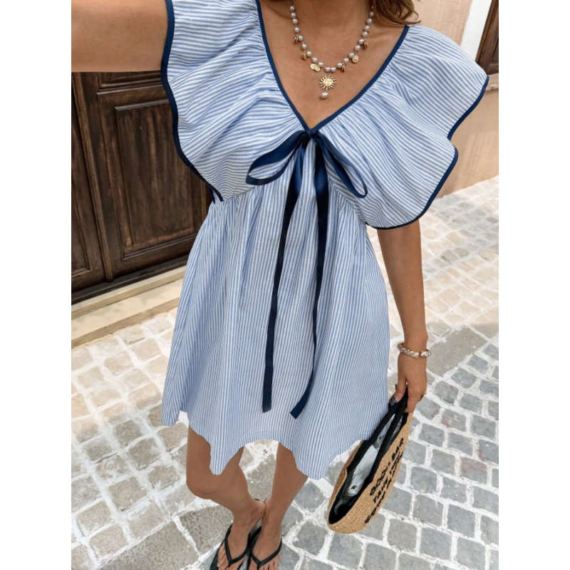 Striped Bow-Front Ruffle Sleeve Mini Dress