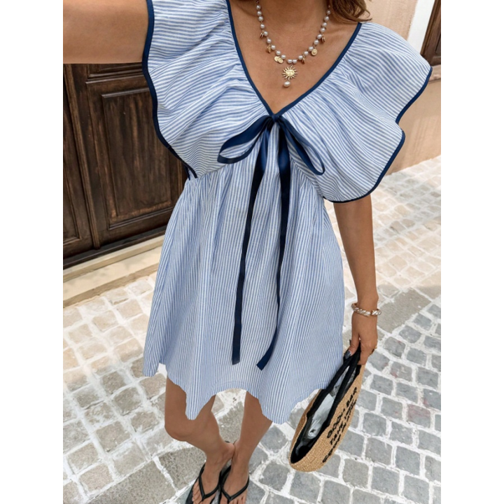Striped Bow-Front Ruffle Sleeve Mini Dress