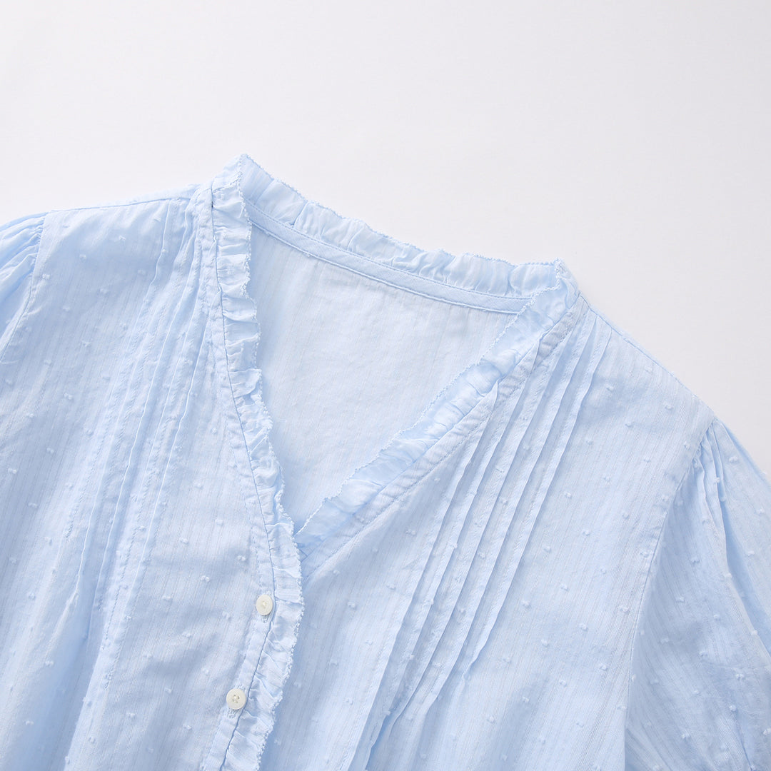 V-Neck Ruffle Puff Sleeve Swiss Dot Blouse | Cinched Waist Babydoll Top