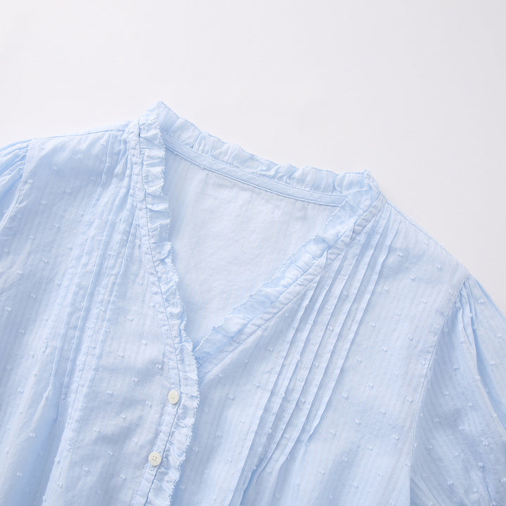 V-Neck Ruffle Puff Sleeve Swiss Dot Blouse | Cinched Waist Babydoll Top