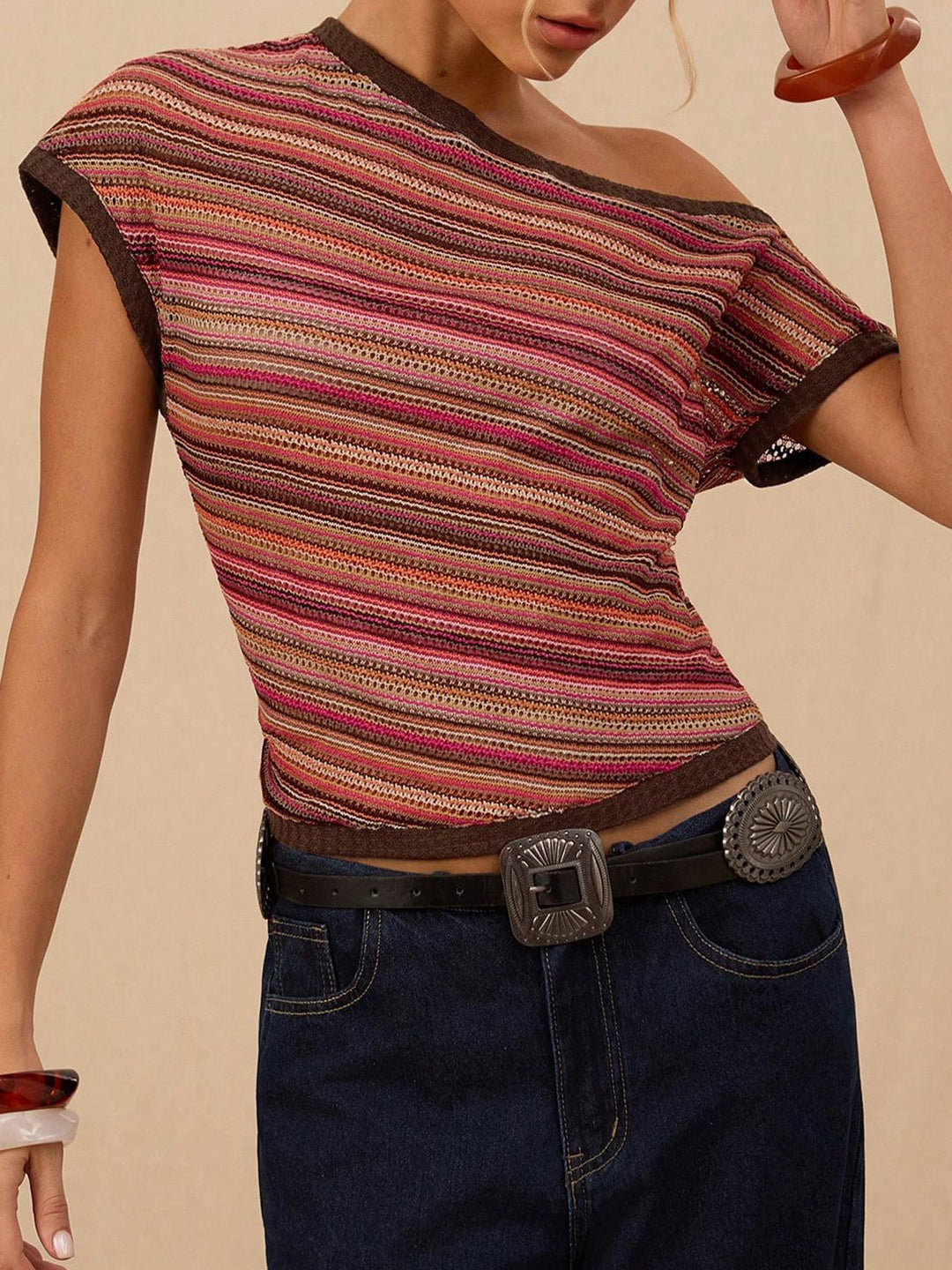 Striped Off-Shoulder Knit Top | Asymmetrical Short Sleeve Fitted Blouse for Women