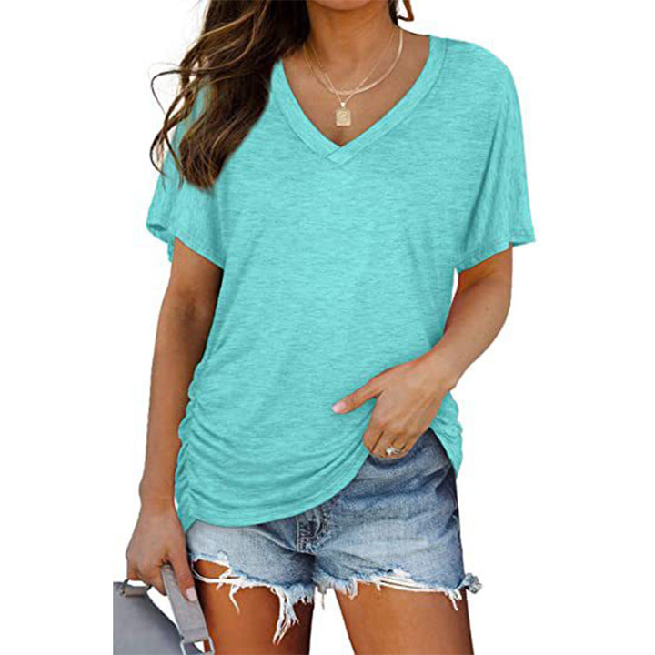 V-neck solid color batwing sleeve ruched short sleeve