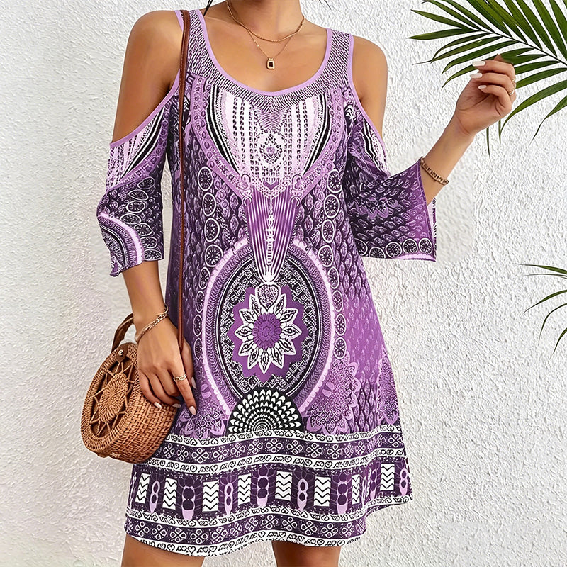 Off-shoulder short-sleeved digital print dress