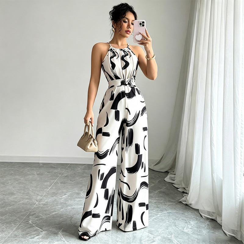 Halter-neck loose-fitting printed wide-leg jumpsuit