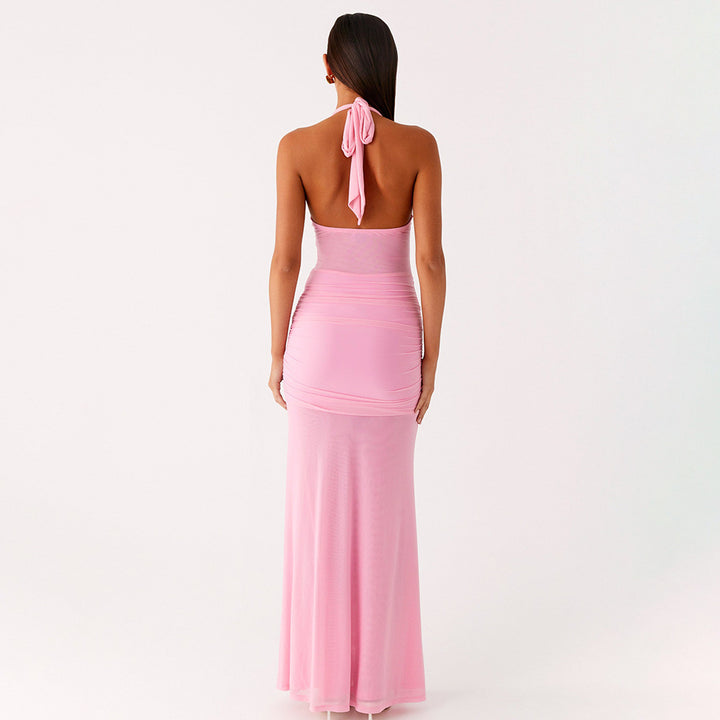 Mint Green Halter Neck Mesh Maxi Dress