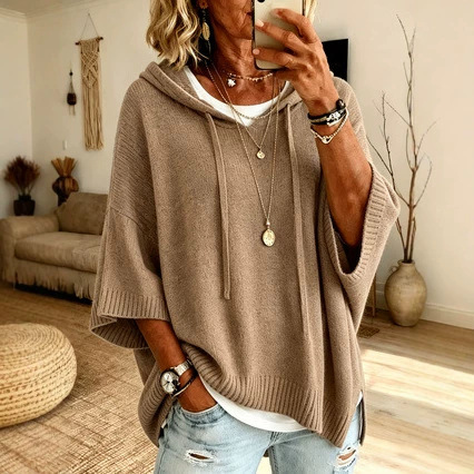 Drop Shoulder Hooded Knit Pullover