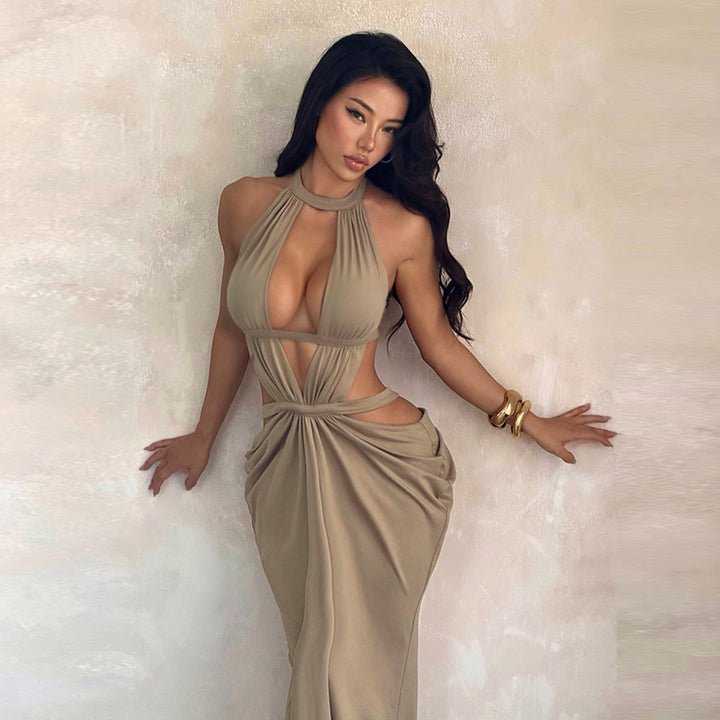 Halter Cutout Ruched Mermaid Maxi Dress