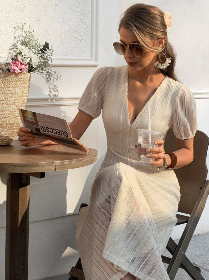 French V-Neck Puff Sleeve Textured Button Down A-Line Midi Dress | Cream Ribbed Romantic Midi