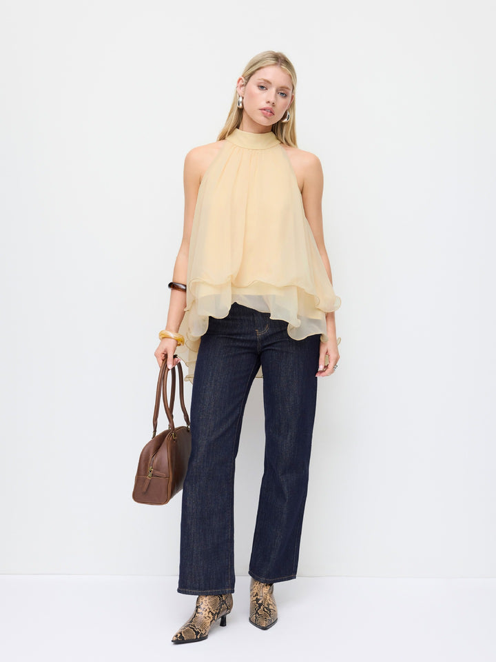 Multi-Color Halter Neck Flowy Chiffon Top with Bow Detail, Sleeveless Ruffled Blouse for Women