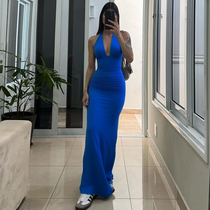 Multi-Color Halter Neck Ruched Maxi Dress | Deep V Bodycon Mermaid Evening Dress