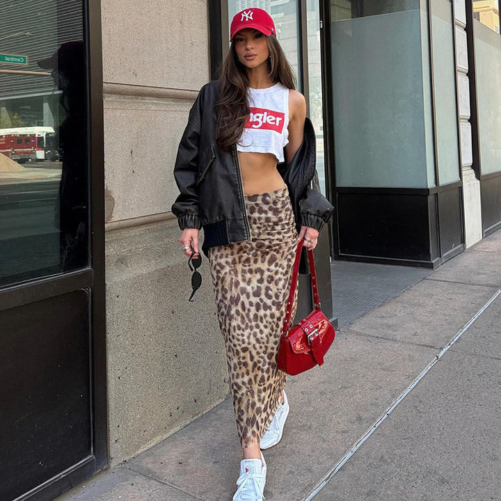 Leopard Print Mesh Maxi Skirt | High-Waisted, Minimalist Lined Skirt