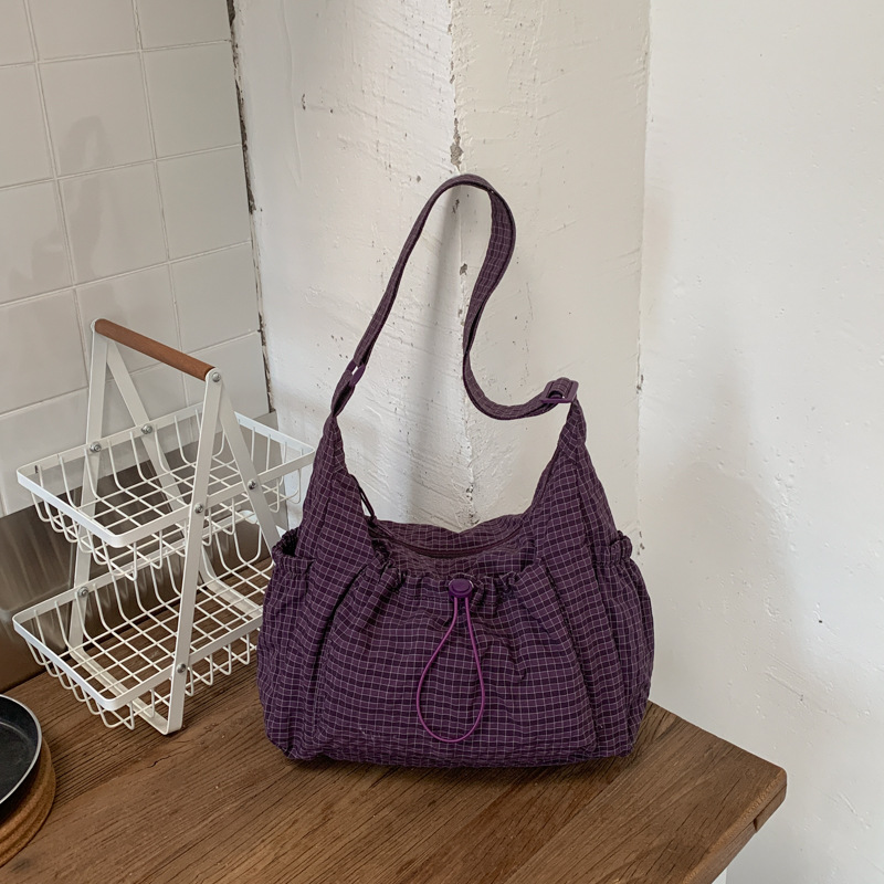 Drawstring Checkered Hobo Shoulder Bag