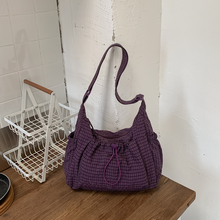 Drawstring Checkered Hobo Shoulder Bag