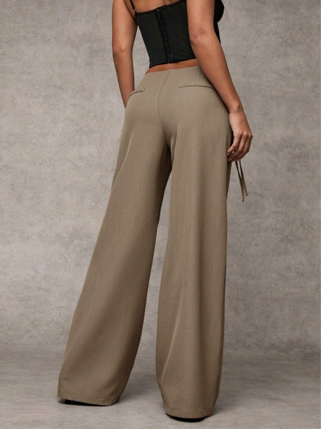 Low-Rise Tie Waist Wide Leg Trousers | Tailored Flare Pants with Metal Ring Detail for Women