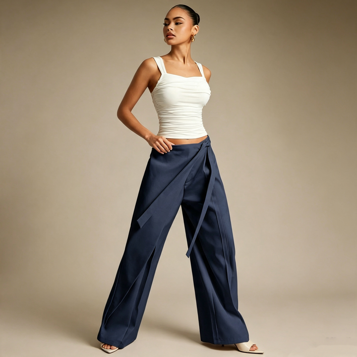 Criss-Cross Wrap Waist Wide Leg Pants