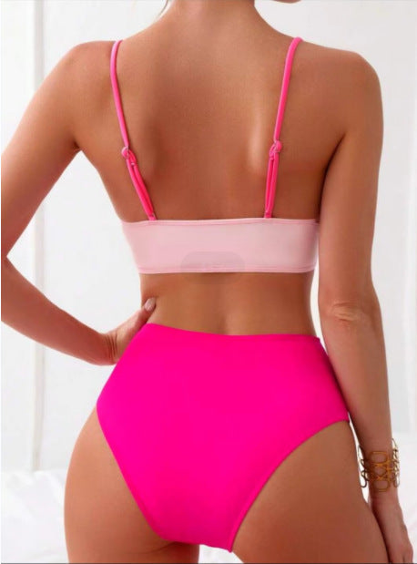 Neon Color Block Twist-Front Bikini Set, Mid-Rise 2-Piece Swimsuit