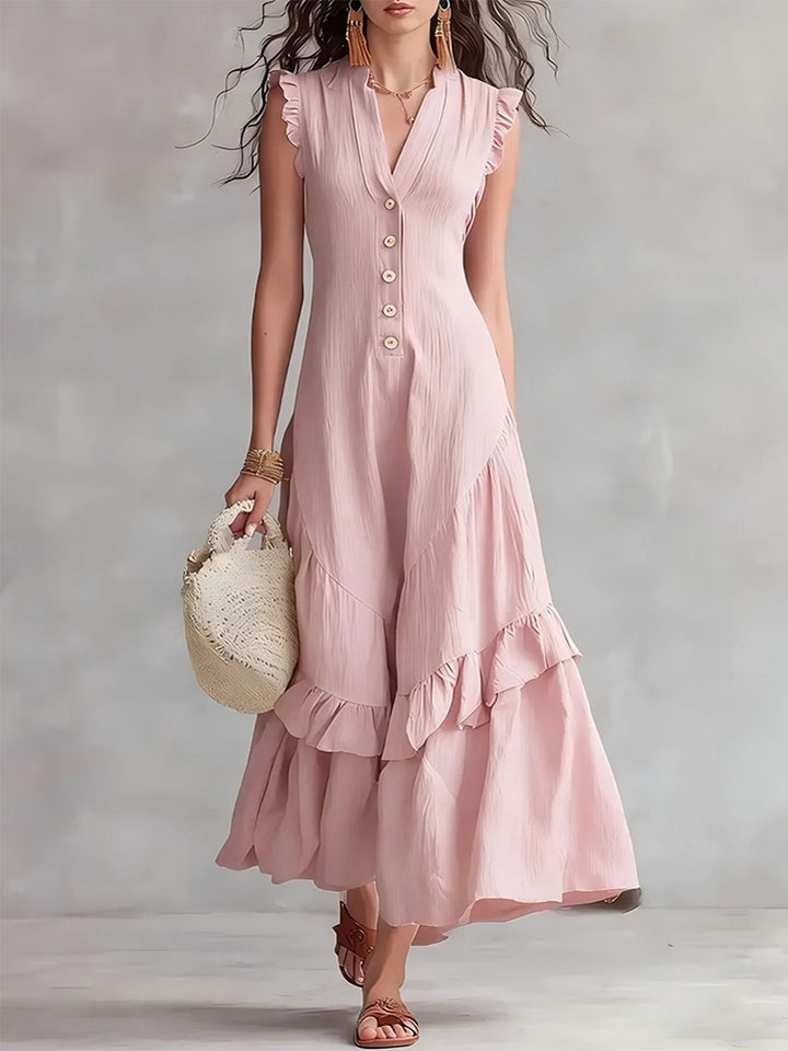 Elegant Ruffled Cotton Linen Sleeveless Dress